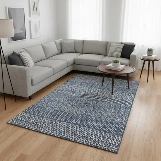 Navy Blue And Ivory Striped Washable Area Rug With UV Protection Photo 2