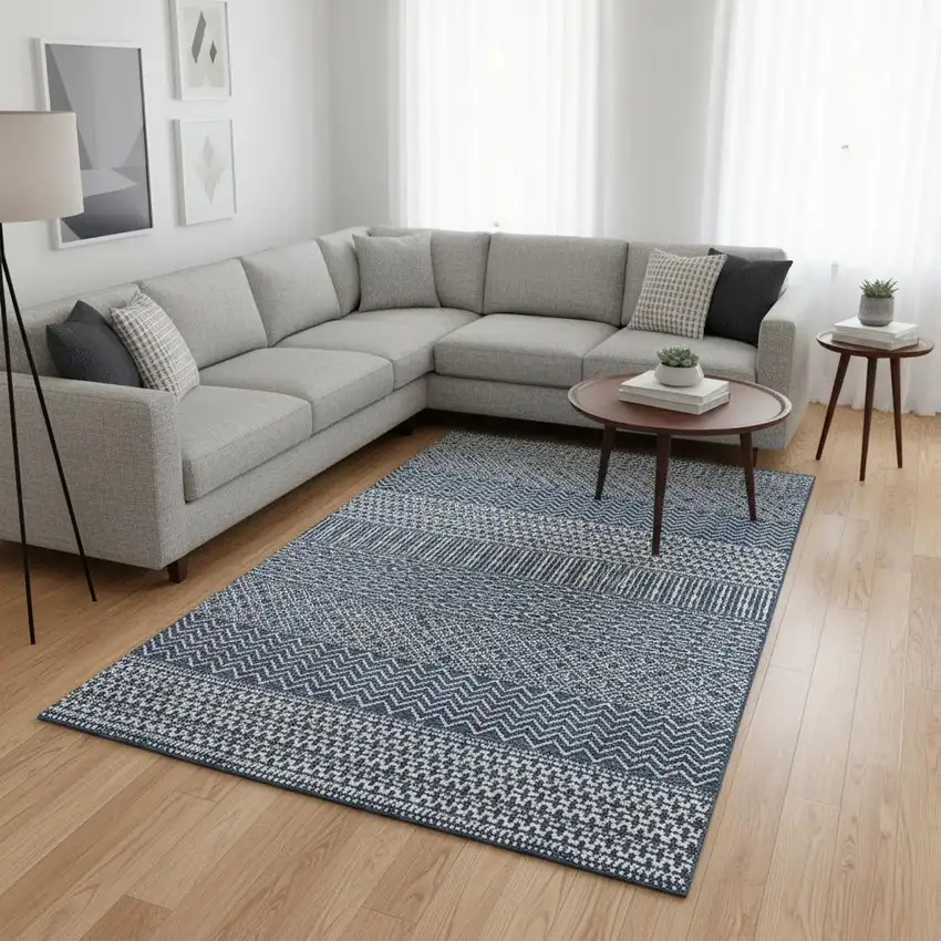 Navy Blue And Ivory Striped Washable Area Rug With UV Protection Photo 2