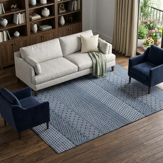 Navy Blue And Ivory Striped Washable Area Rug With UV Protection Photo 1