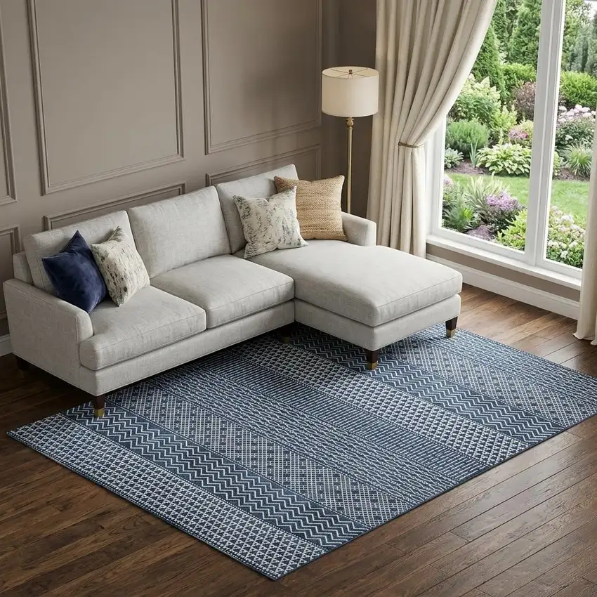 Navy Blue And Ivory Striped Washable Area Rug With UV Protection Photo 1
