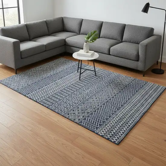 Navy Blue And Ivory Striped Washable Area Rug With UV Protection Photo 2