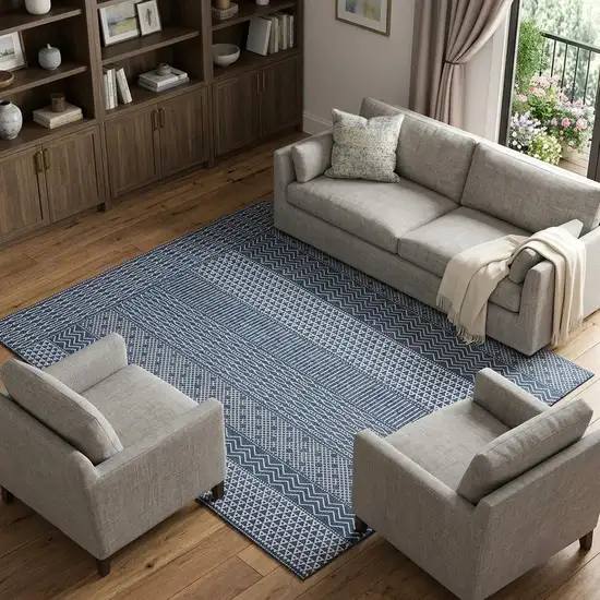 Navy Blue And Ivory Striped Washable Area Rug With UV Protection Photo 1