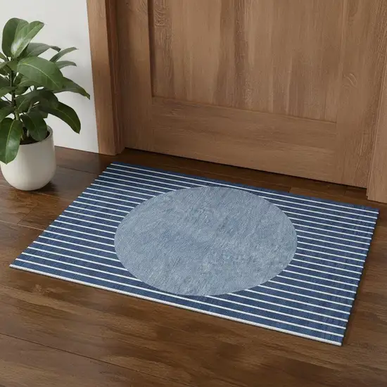 Navy Blue And Ivory Striped Washable Area Rug With UV Protection Photo 1