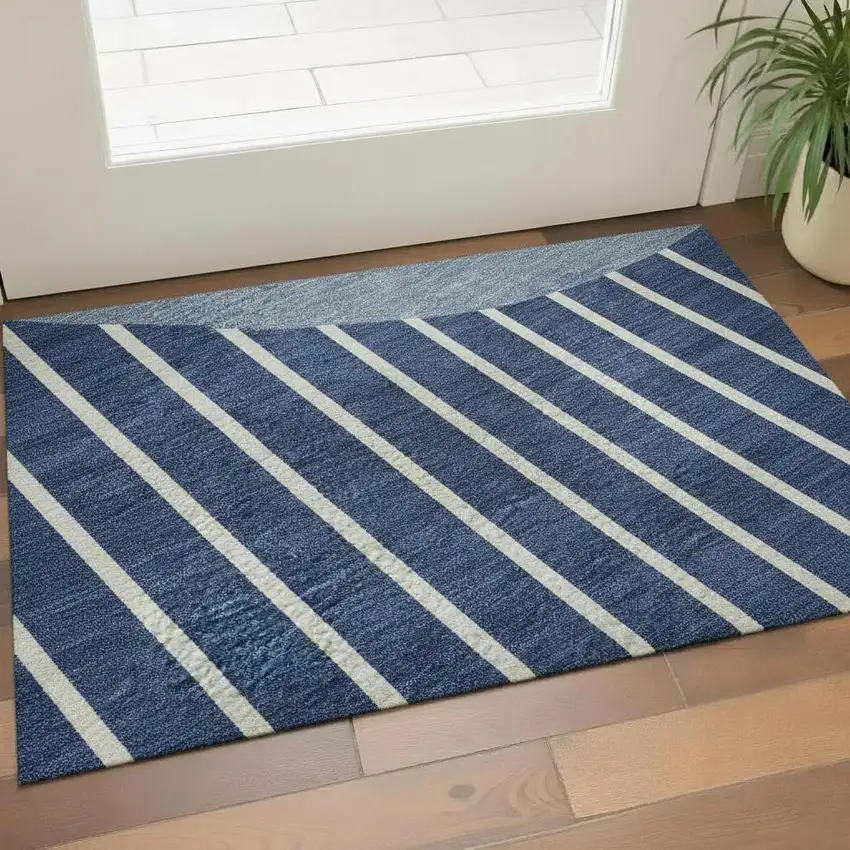 Navy Blue And Ivory Striped Washable Area Rug With UV Protection Photo 2