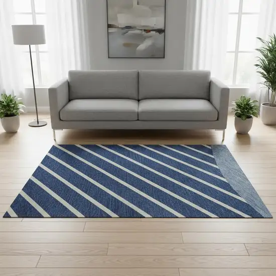 Navy Blue And Ivory Striped Washable Area Rug With UV Protection Photo 2