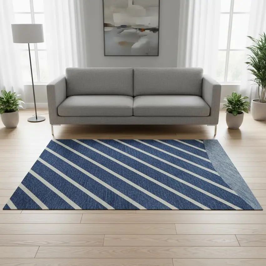 Navy Blue And Ivory Striped Washable Area Rug With UV Protection Photo 2