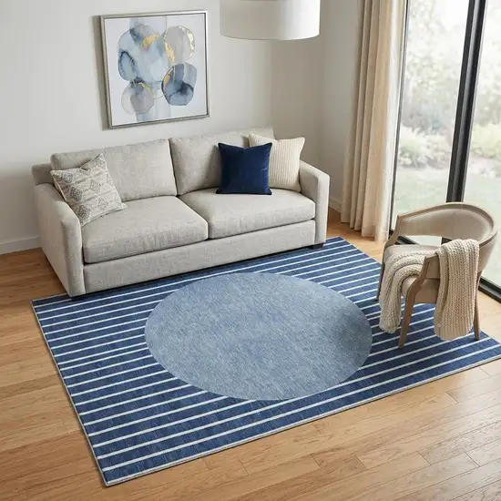 Navy Blue And Ivory Striped Washable Area Rug With UV Protection Photo 1