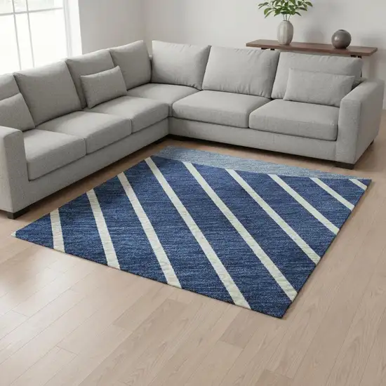 Navy Blue And Ivory Striped Washable Area Rug With UV Protection Photo 2