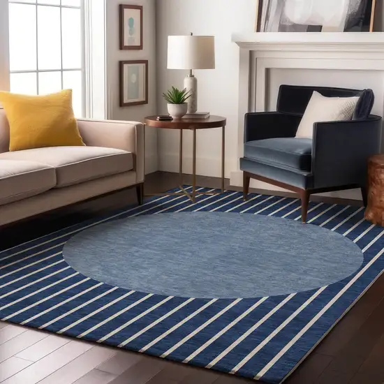 Navy Blue And Ivory Striped Washable Area Rug With UV Protection Photo 4