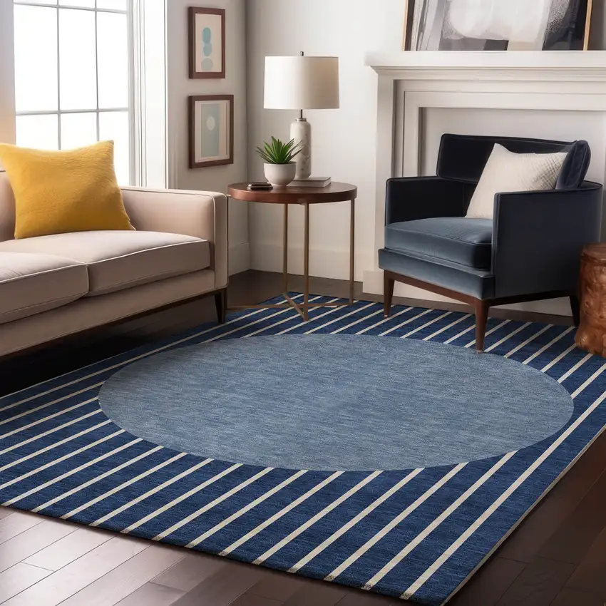 Navy Blue And Ivory Striped Washable Area Rug With UV Protection Photo 2