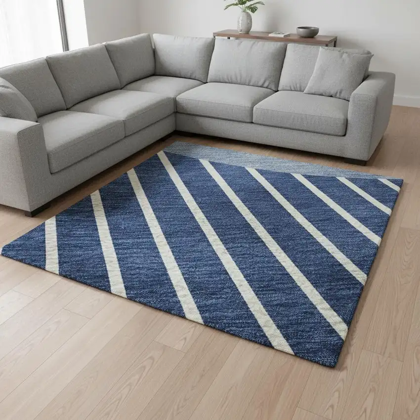 Navy Blue And Ivory Striped Washable Area Rug With UV Protection Photo 2