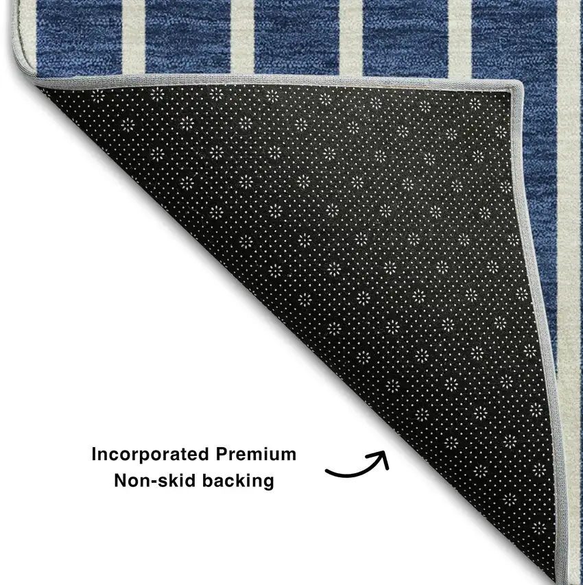 Navy Blue And Ivory Striped Washable Area Rug With UV Protection Photo 5