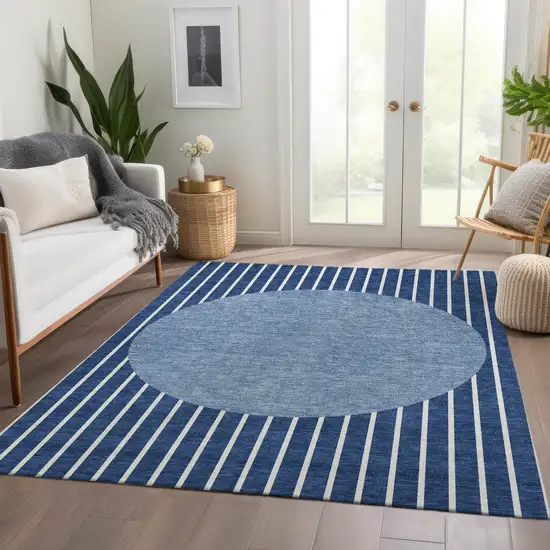 Navy Blue And Ivory Striped Washable Area Rug With UV Protection Photo 4
