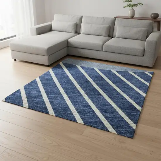 Navy Blue And Ivory Striped Washable Area Rug With UV Protection Photo 2