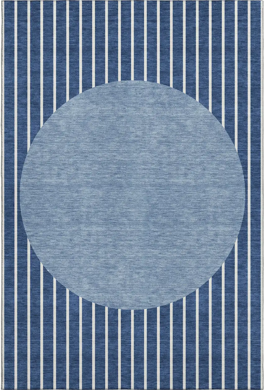 Navy Blue And Ivory Striped Washable Area Rug With UV Protection Photo 5