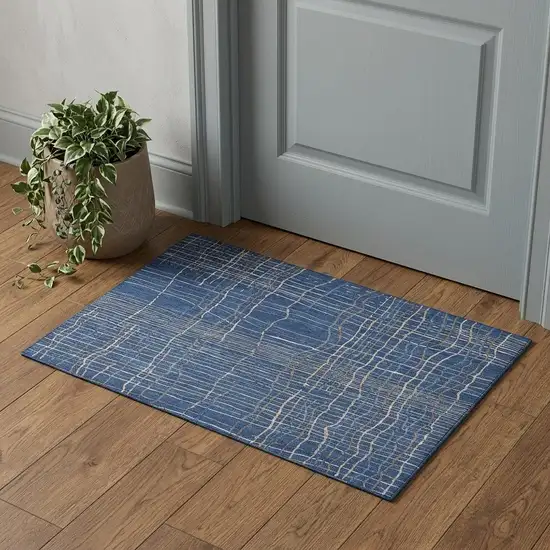 Navy Blue And Ivory Striped Washable Area Rug With UV Protection Photo 1