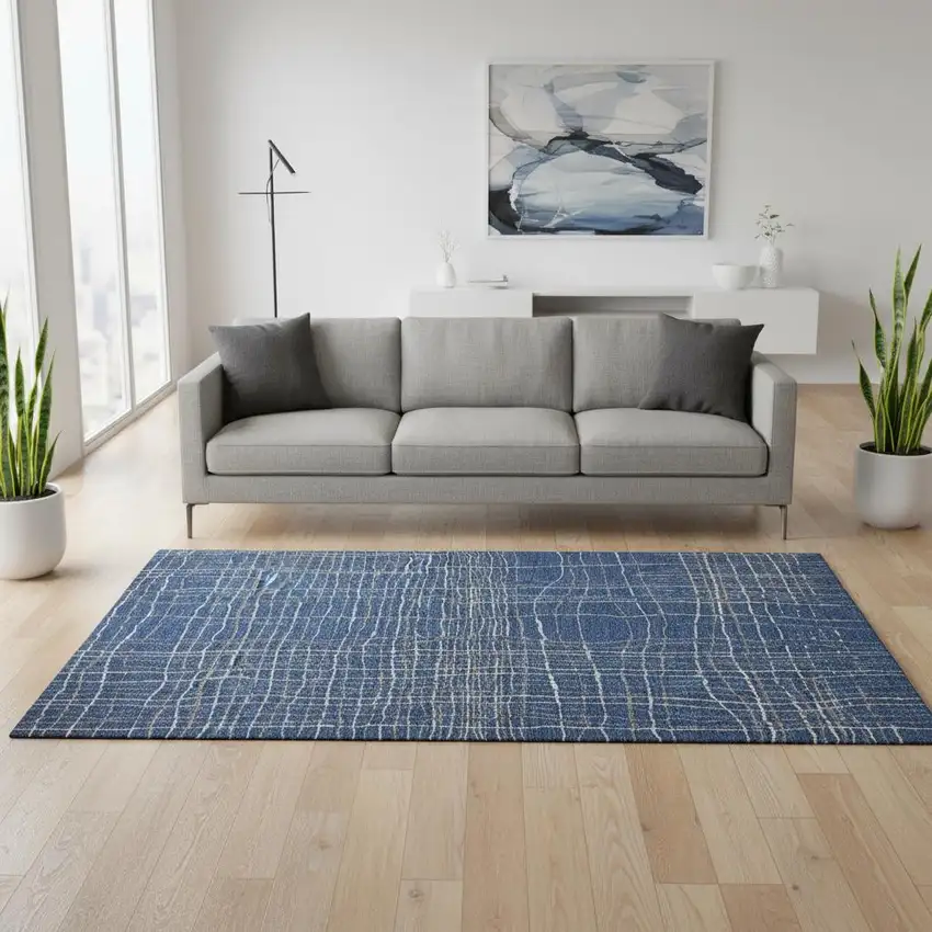 Navy Blue And Ivory Striped Washable Area Rug With UV Protection Photo 2