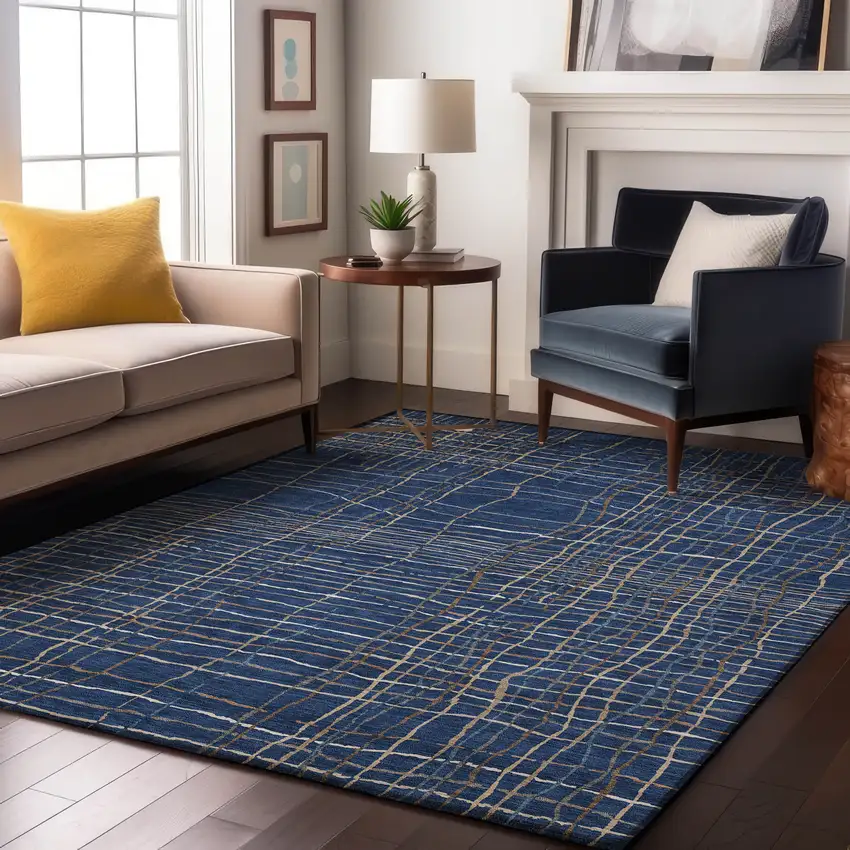 Navy Blue And Ivory Striped Washable Area Rug With UV Protection Photo 4