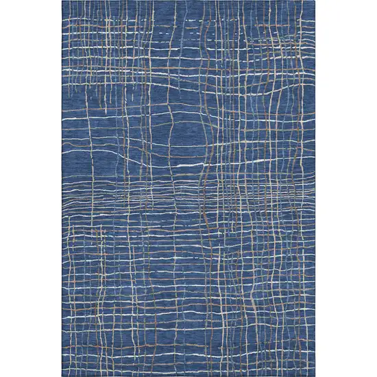 Navy Blue And Ivory Striped Washable Area Rug With UV Protection Photo 1