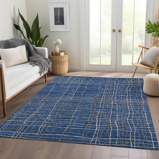 Navy Blue And Ivory Striped Washable Area Rug With UV Protection Photo 5