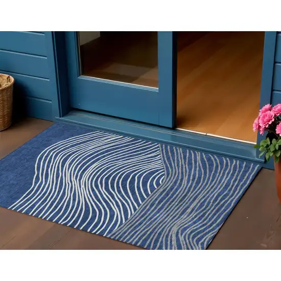 Navy Blue And Ivory Striped Washable Indoor Outdoor Area Rug Photo 1