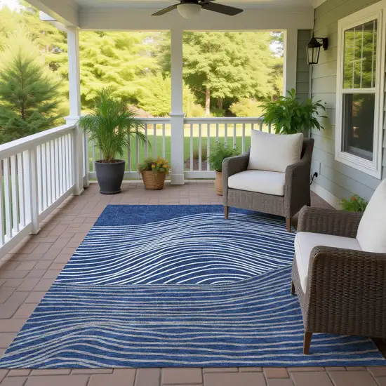 Navy Blue And Ivory Striped Washable Indoor Outdoor Area Rug Photo 9