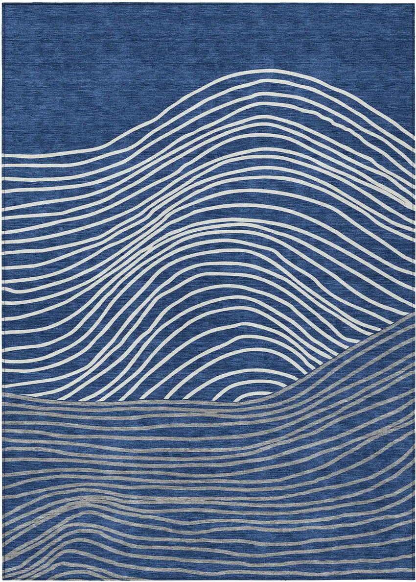 Navy Blue And Ivory Striped Washable Indoor Outdoor Area Rug Photo 2