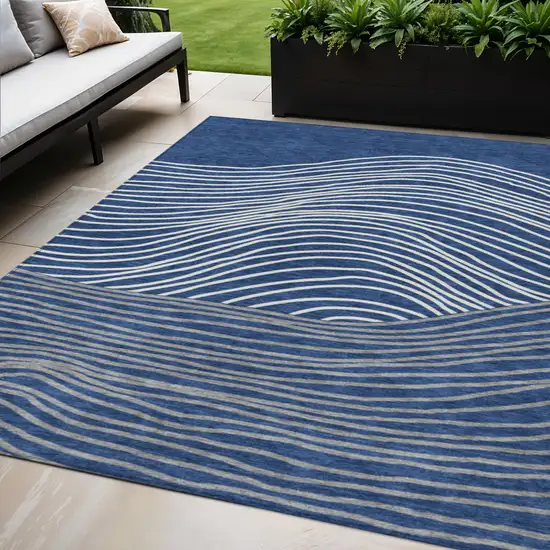 Navy Blue And Ivory Striped Washable Indoor Outdoor Area Rug Photo 1