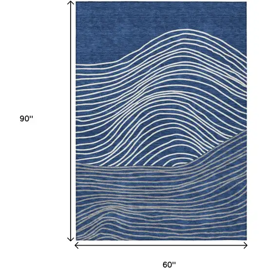 Navy Blue And Ivory Striped Washable Indoor Outdoor Area Rug Photo 3