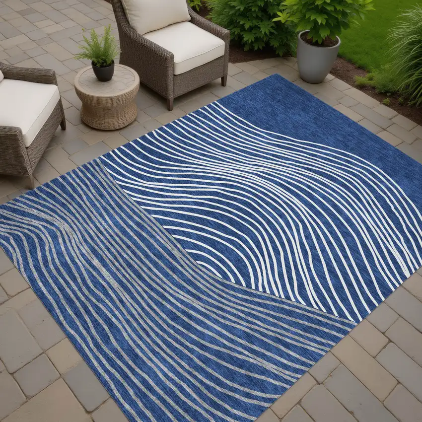 Navy Blue And Ivory Striped Washable Indoor Outdoor Area Rug Photo 7