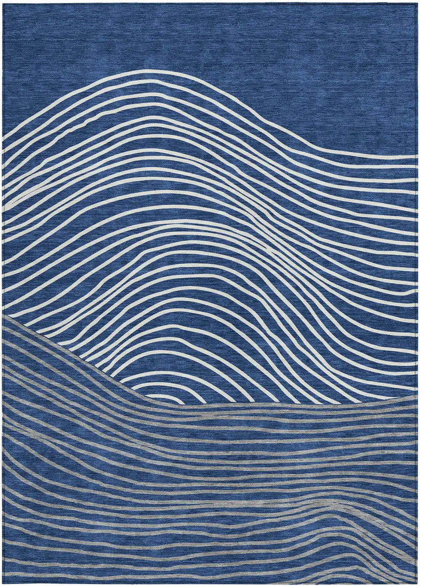 Navy Blue And Ivory Striped Washable Indoor Outdoor Area Rug Photo 4