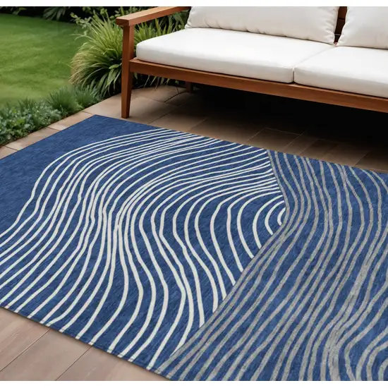 Navy Blue And Ivory Striped Washable Indoor Outdoor Area Rug Photo 1