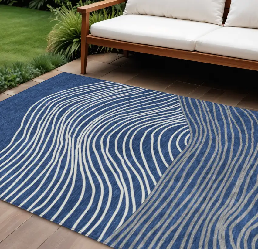 Navy Blue And Ivory Striped Washable Indoor Outdoor Area Rug Photo 1