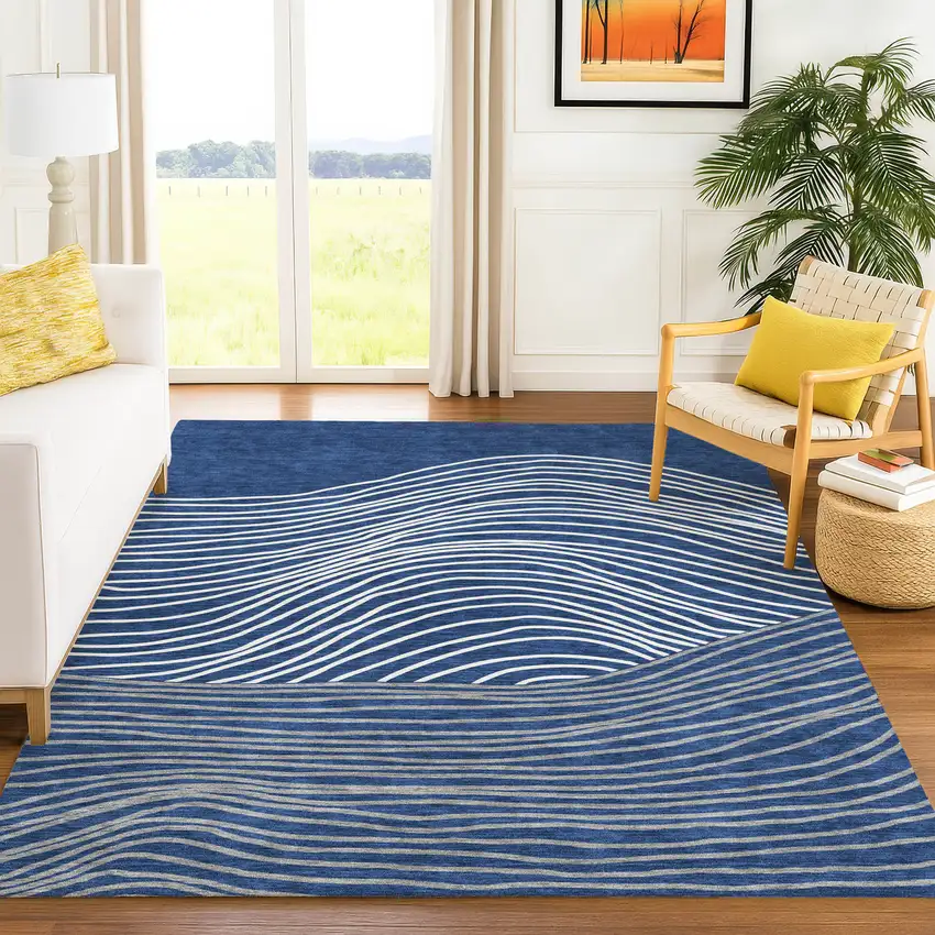 Navy Blue And Ivory Striped Washable Indoor Outdoor Area Rug Photo 8