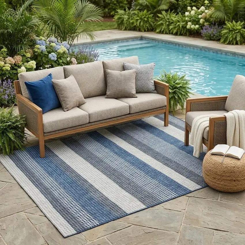 Navy Blue And Ivory Striped Washable Indoor Outdoor Area Rug Photo 1