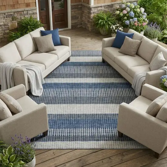 Navy Blue And Ivory Striped Washable Indoor Outdoor Area Rug Photo 1
