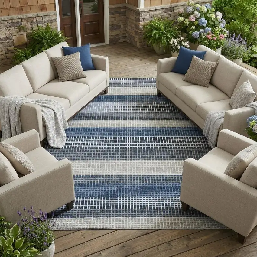 Navy Blue And Ivory Striped Washable Indoor Outdoor Area Rug Photo 1