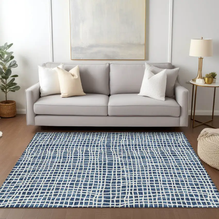 Navy Blue And Ivory Striped Washable Indoor Outdoor Area Rug Photo 9