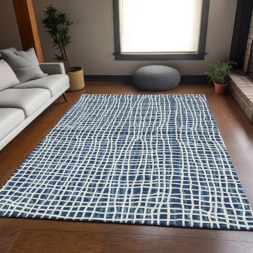 Navy Blue And Ivory Striped Washable Indoor Outdoor Area Rug Photo 7
