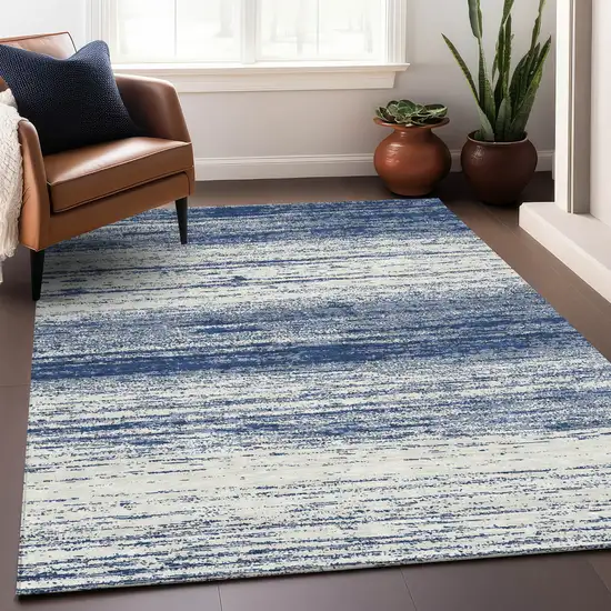 Navy Blue And Ivory Striped Washable Indoor Outdoor Area Rug Photo 6