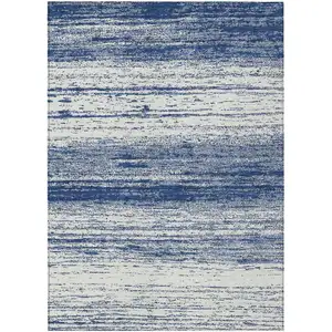 Photo of Navy Blue And Ivory Striped Washable Indoor Outdoor Area Rug