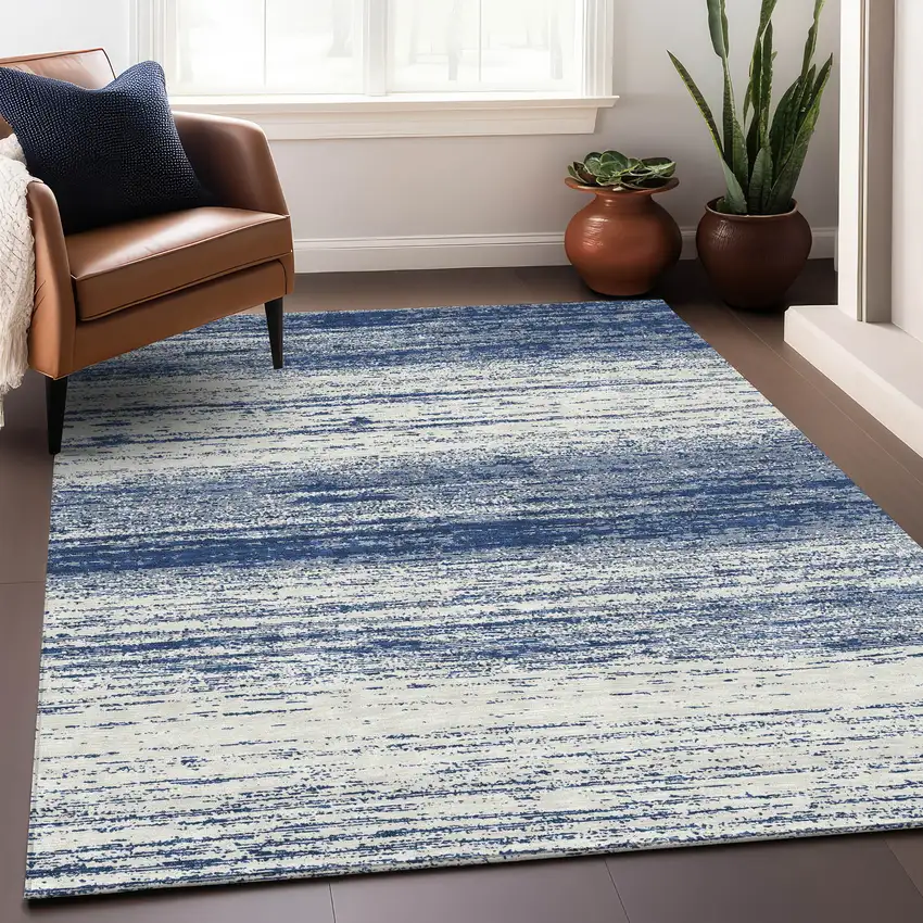 Navy Blue And Ivory Striped Washable Indoor Outdoor Area Rug Photo 7