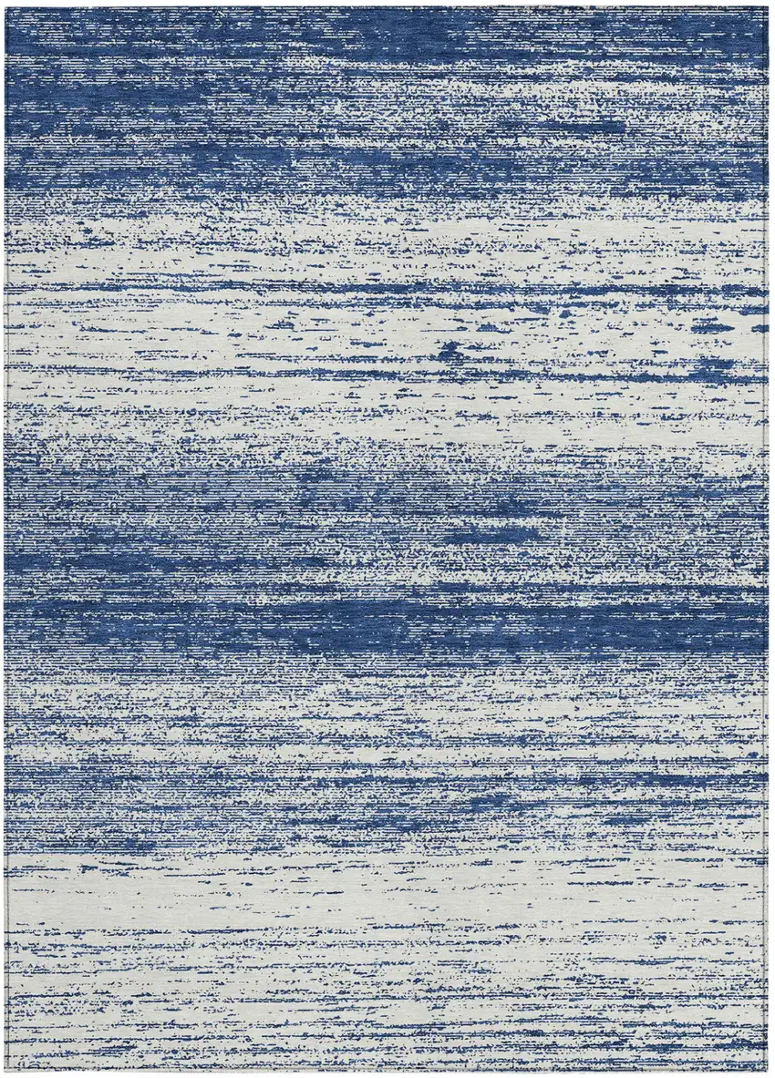 Navy Blue And Ivory Striped Washable Indoor Outdoor Area Rug Photo 5