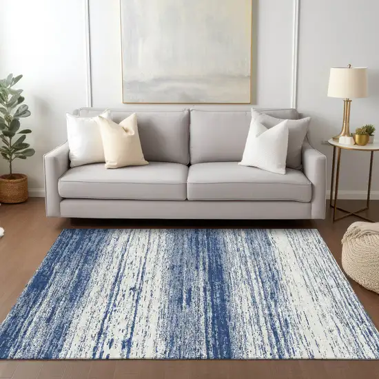 Navy Blue And Ivory Striped Washable Indoor Outdoor Area Rug Photo 9