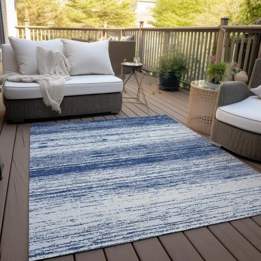 Navy Blue And Ivory Striped Washable Indoor Outdoor Area Rug Photo 9