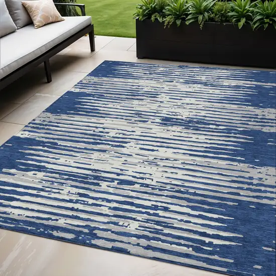 Navy Blue And Ivory Striped Washable Indoor Outdoor Area Rug Photo 1