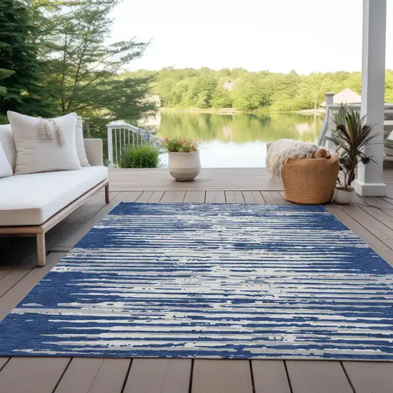 Navy Blue And Ivory Striped Washable Indoor Outdoor Area Rug Photo 8