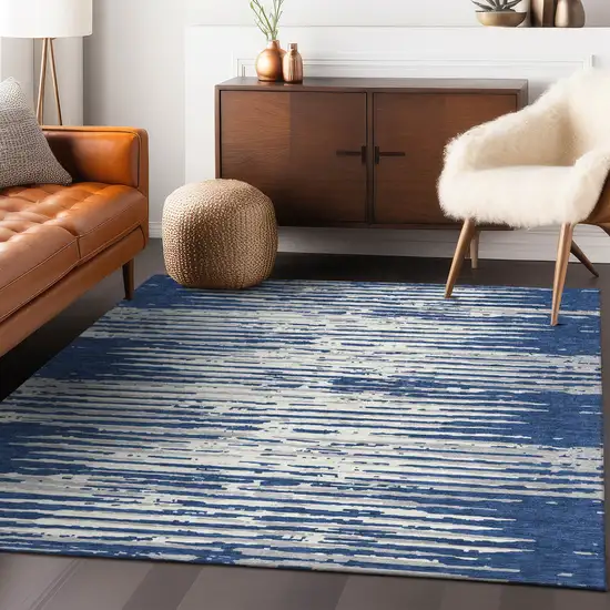 Navy Blue And Ivory Striped Washable Indoor Outdoor Area Rug Photo 9