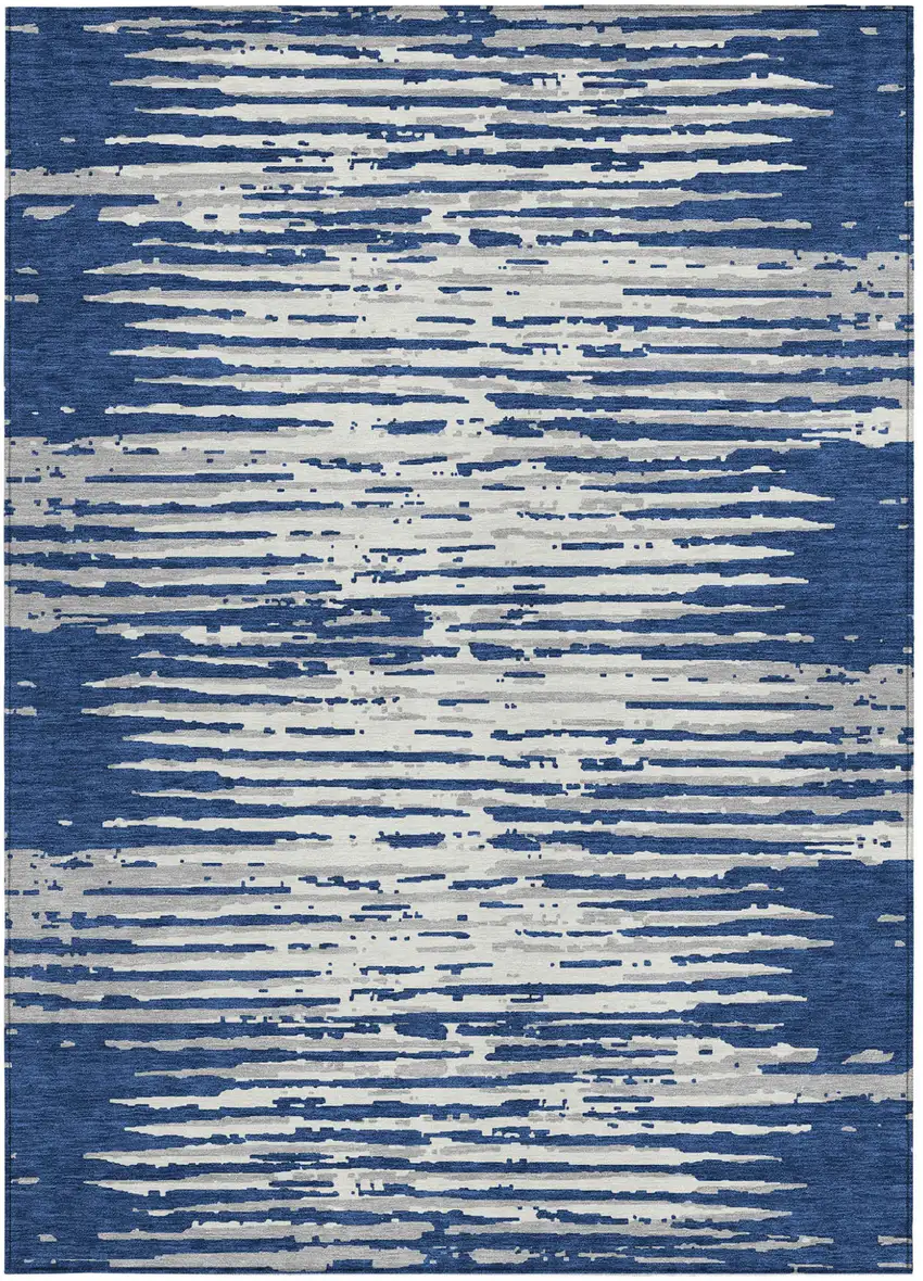 Navy Blue And Ivory Striped Washable Indoor Outdoor Area Rug Photo 7