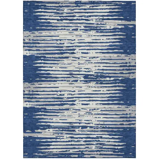 Navy Blue And Ivory Striped Washable Indoor Outdoor Area Rug Photo 2
